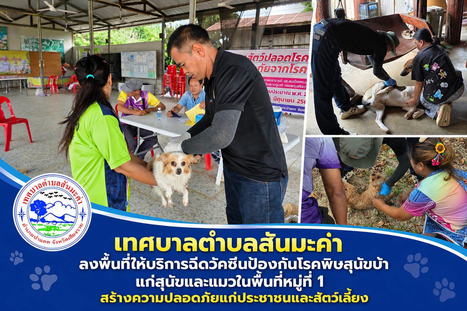 เทศบาลตำบลสันมะค่า ลงพื้นที่ให้บริการฉีดวัคซีนป้องกันโรคพิษสุนัขบ้าแก่สุนัขและแมว ในพื้นที่หมู่ที่ 1 สร้างความปลอดภัยแก่ประชาชนและสัตว์เลี้ยง